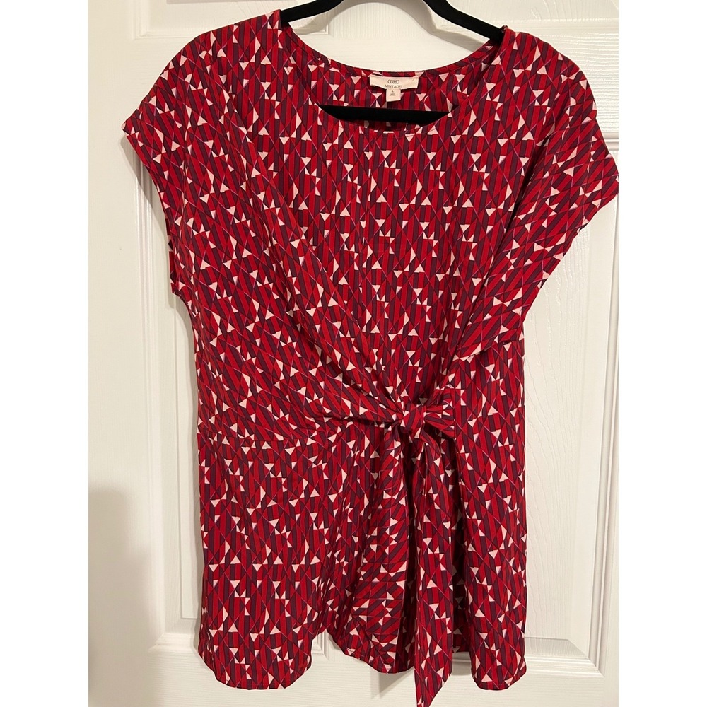 Como Vintage Red Geometric Triangle Print Front‎ Tie Knot Blouse Top Large